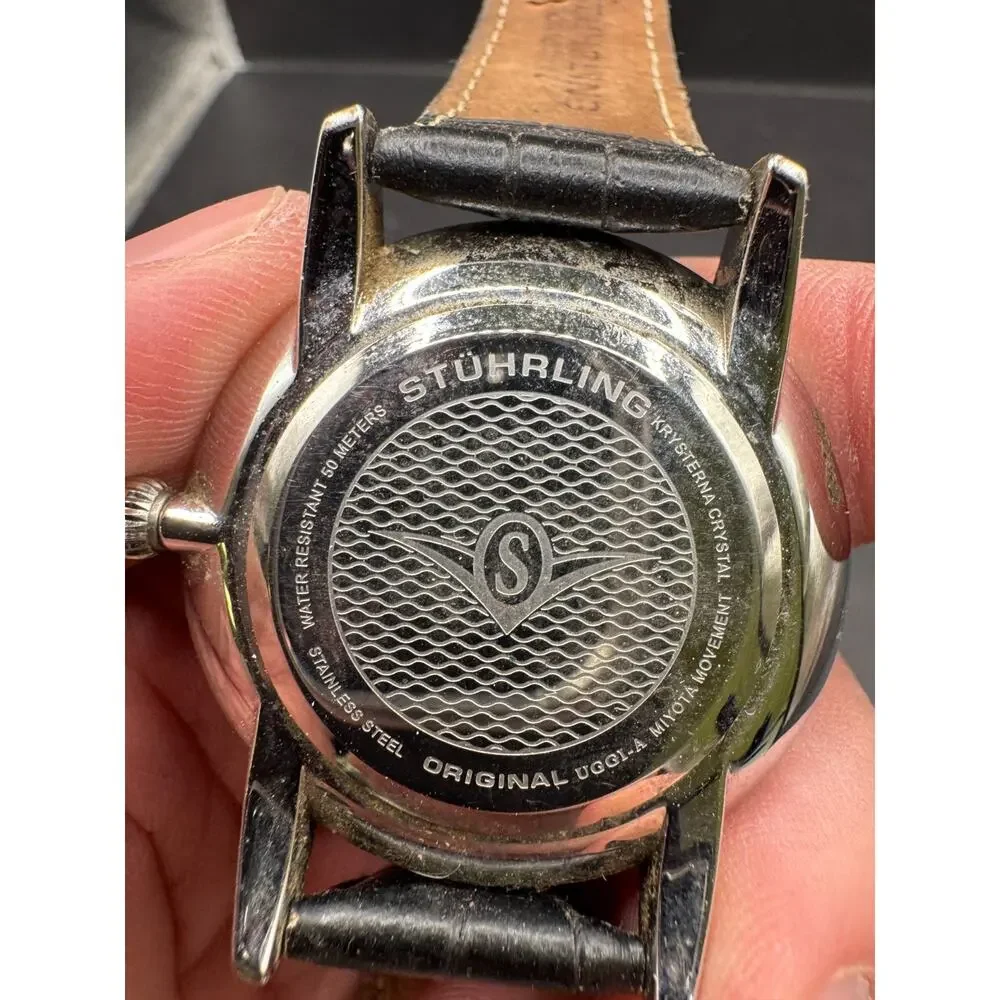 Stuhrling Original Men's 40 mm Ultra-Slim Black Dial Dress Watch Leather Band